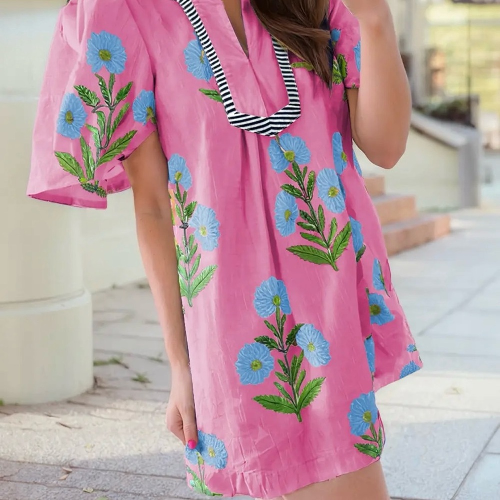 Pink Floral Embroidered Dress
